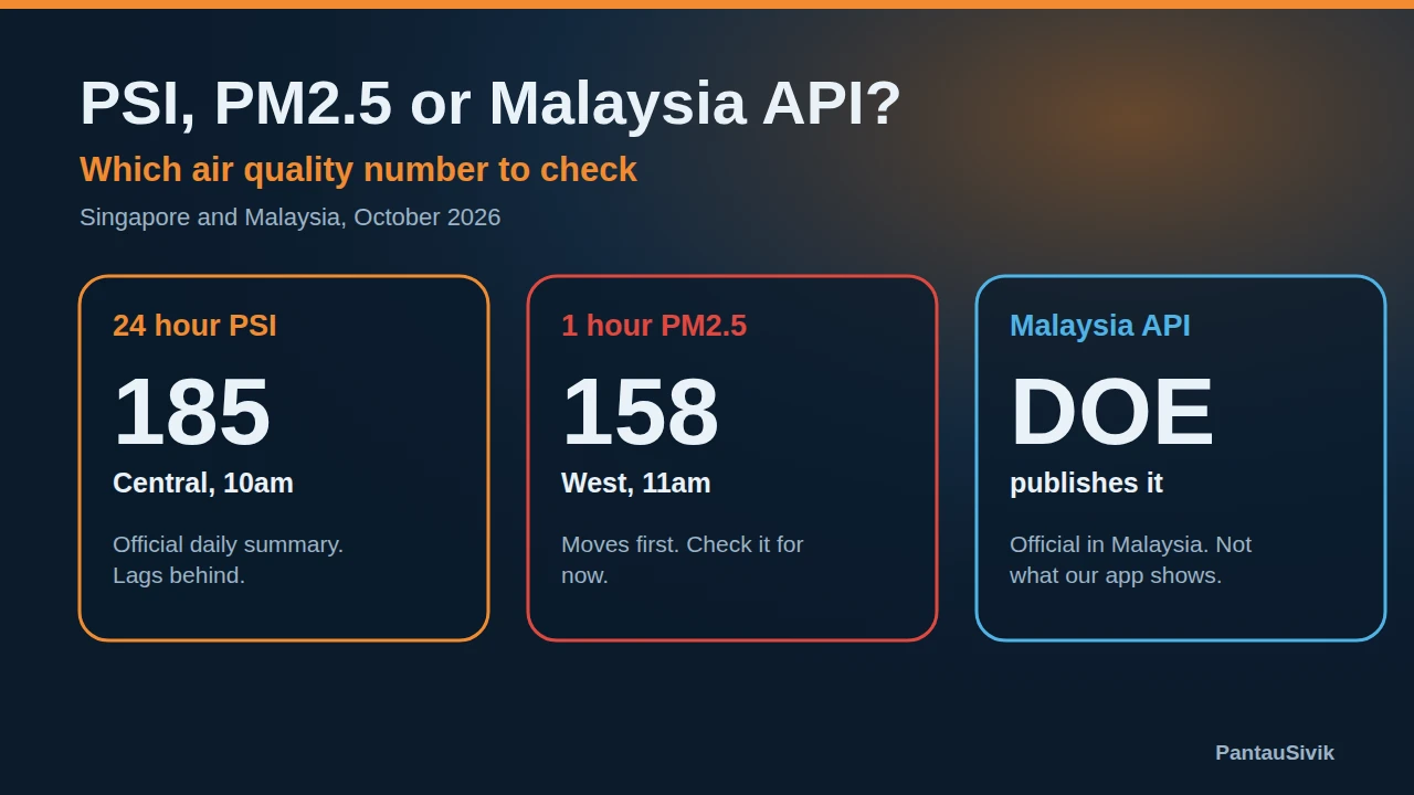 Three tiles: the 24 hour PSI, the 1 hour PM2.5 and the Malaysia API, each with a short note on when to use it