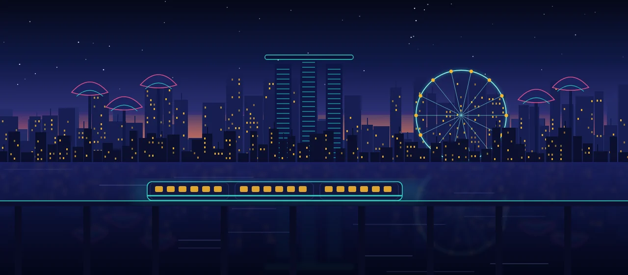 Illustration of the Singapore skyline at night with an observation wheel and an MRT train on a bridge