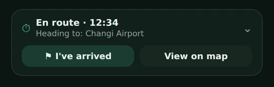Active trip pill reading En route with the time and Heading to Changi Airport, with I have arrived and View on map buttons