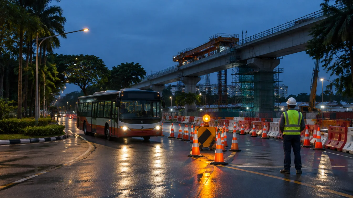 Evening scene of a public bus being guided around a lane closure marked with traffic cones and an amber warning light, with an elevated rail viaduct under construction behind
