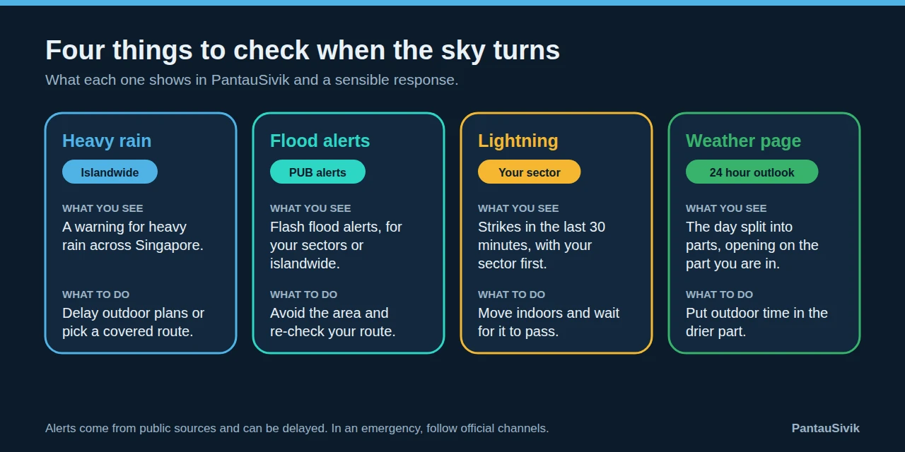 Four cards: Heavy rain, Flood alerts, Lightning and Weather page, each with what you see and what to do