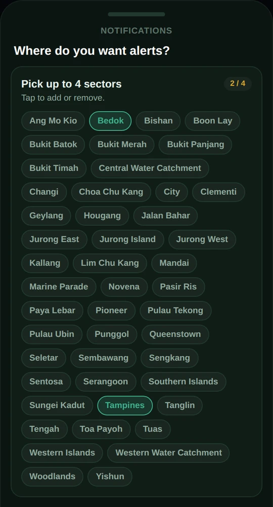 Phone screen with a Pick up to 4 sectors card listing Singapore sectors, with Bedok and Tampines selected