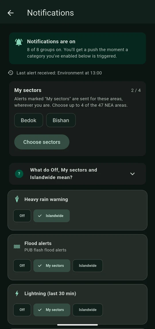 Phone screen of the Notifications page showing 8 of 8 groups on, a My sectors card with Bedok and Bishan, and Off, My sectors and Islandwide choices for Heavy rain, Flood alerts and Lightning